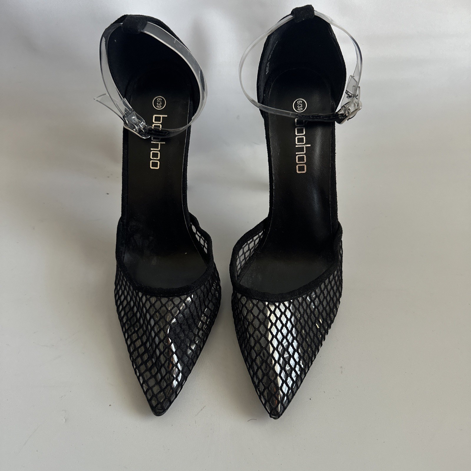 Boohoo Women Black Heel Size 6 Fishnet Pointed Toe Faux Suede Clear Plastic Shoe