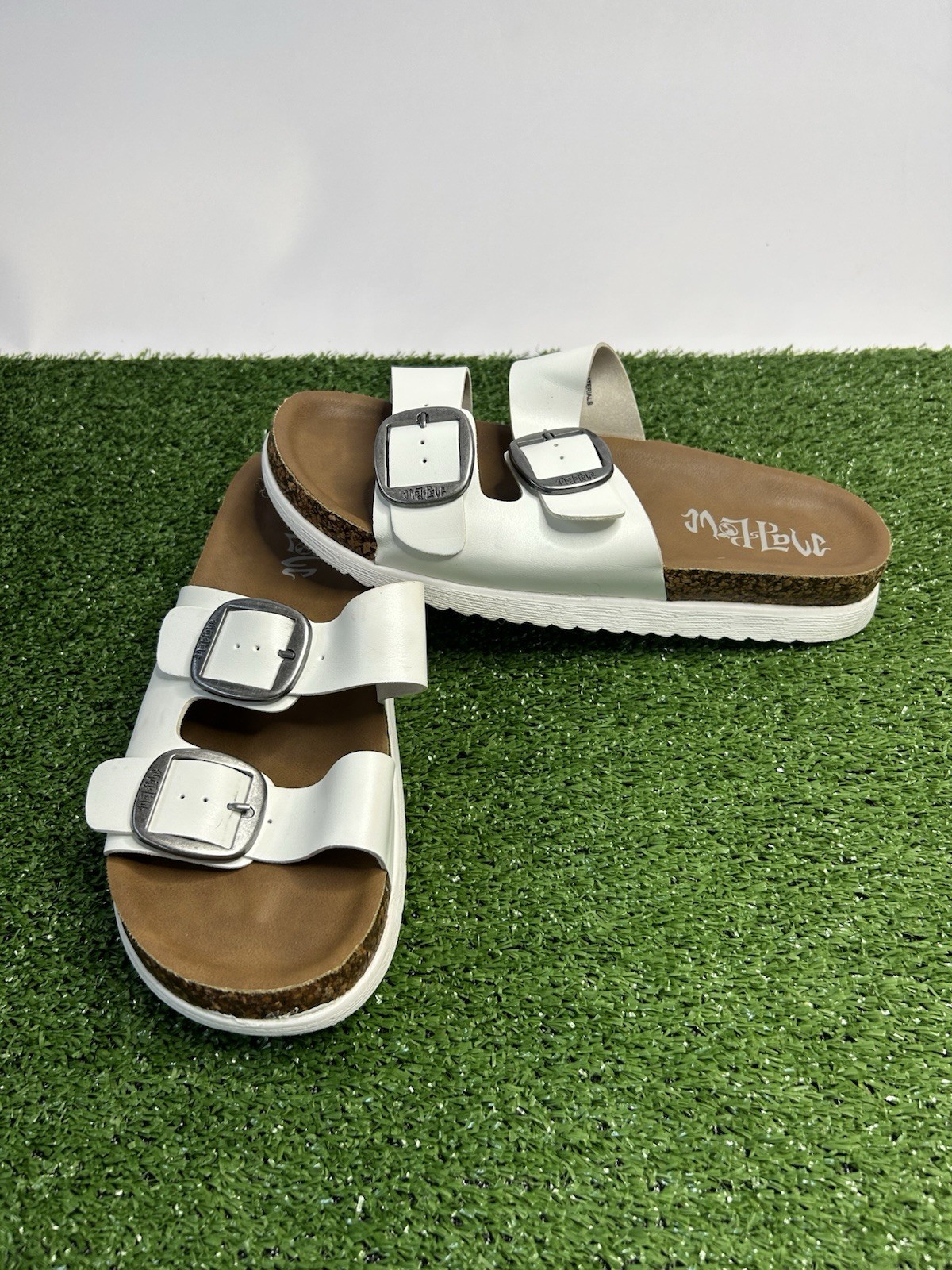 Mata Women’s Slide Sandals Double Buckle Synthetic Upper White/Brown Size 9