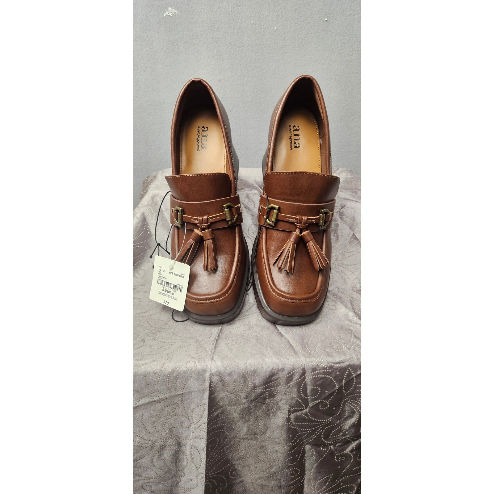 ana Hazen Dark Cognac Brown Tassel Chunky Block Heel Platform Loafers Mens 9M