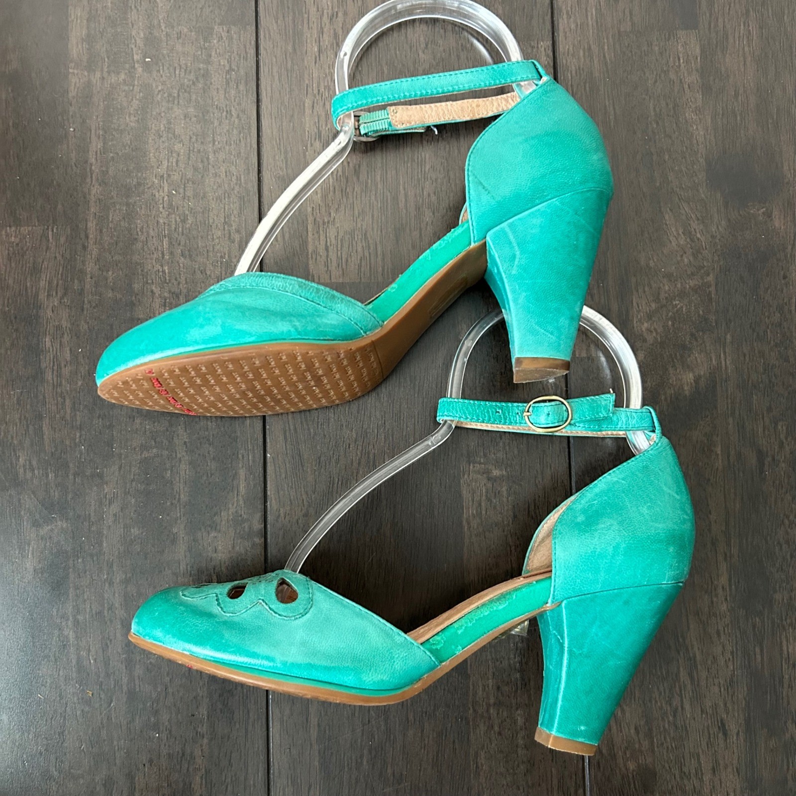 Miz Mooz Teal Leather Laser Cut Scalloped Ankle Strap D’Orsay Cone Heels 7
