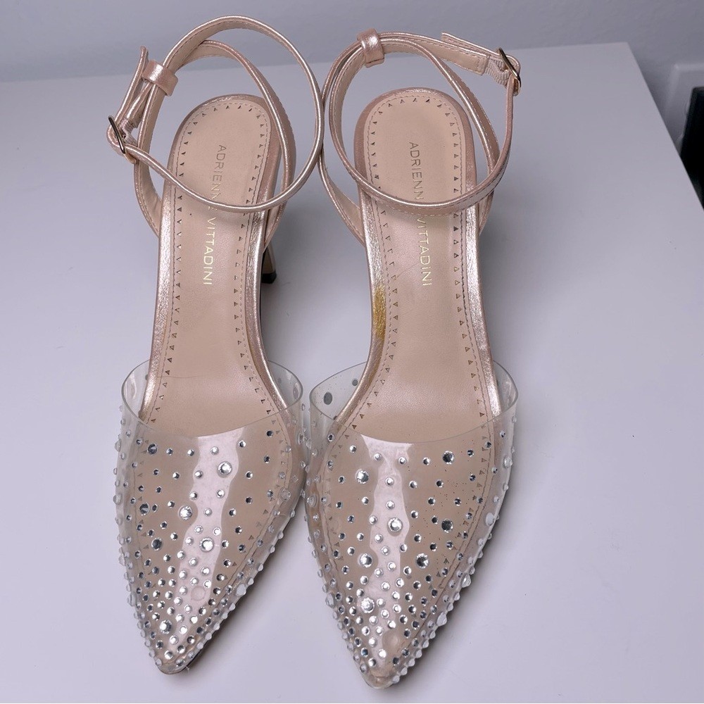 Adrienne Vittadini Nude Clear Rhinestone Heels – Size 7