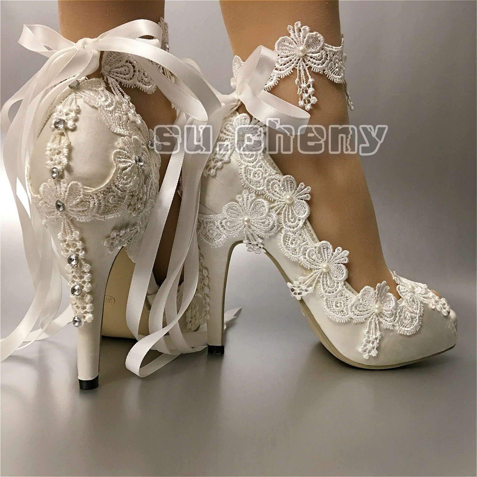 su.cheny Ribbon anklet white ivory satin open toe heel Wedding Bridal shoes size