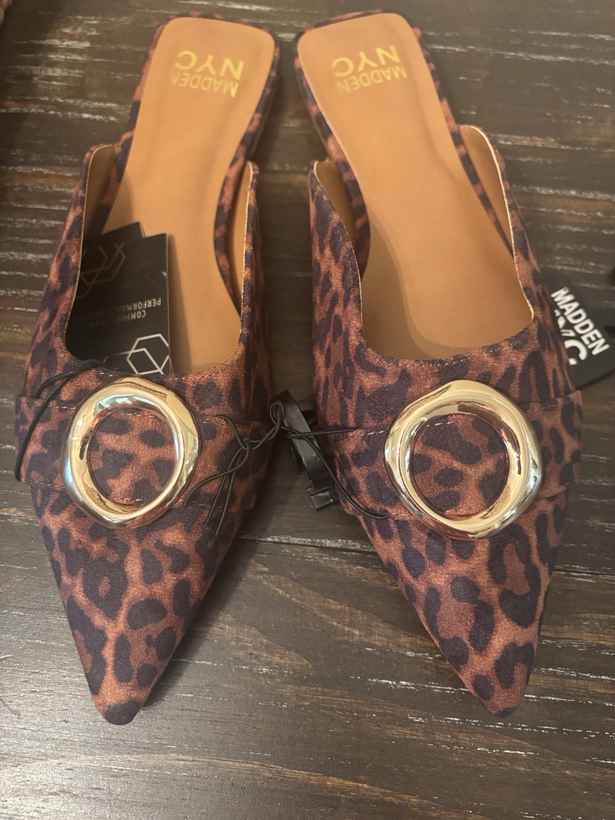 Madden NYC Mules Women 10 Leopard Print Gold Buckle Pointed Toe Flat NEW
