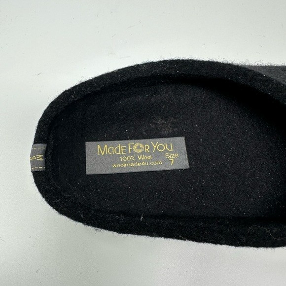 Made For You black Slippers 100% Boiled Wool Embroided Owl Applique Sz 7