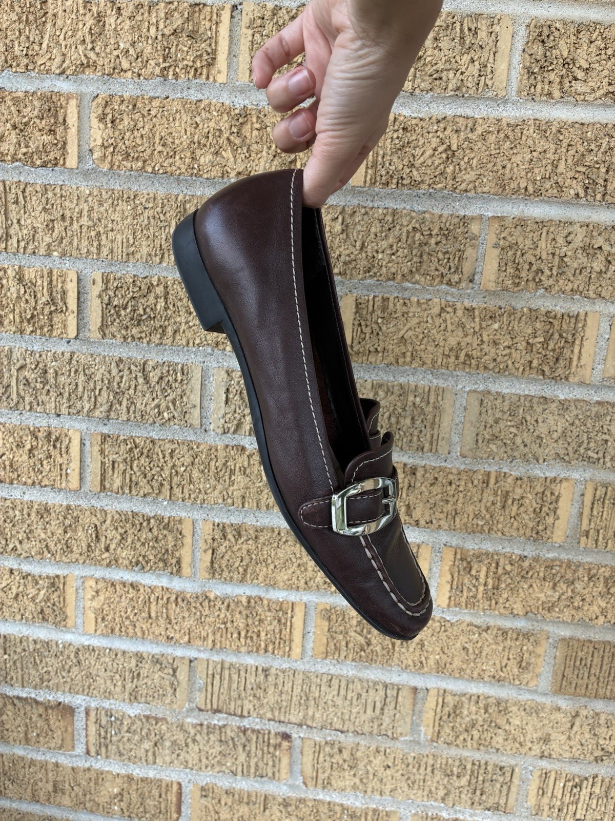 St. John’s Bay Women’s Brown Leather Slip-On Loafer Flats Square Toe Buckle