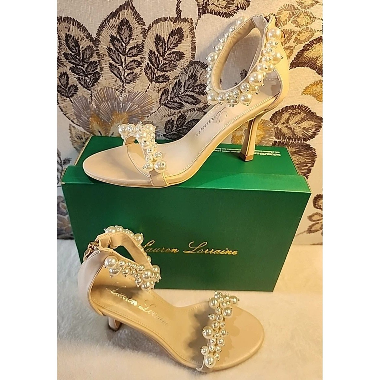 Lauren Lorraine Pearl Embellished Ankle Strap Stiletto Sandals Nude Champagne 8