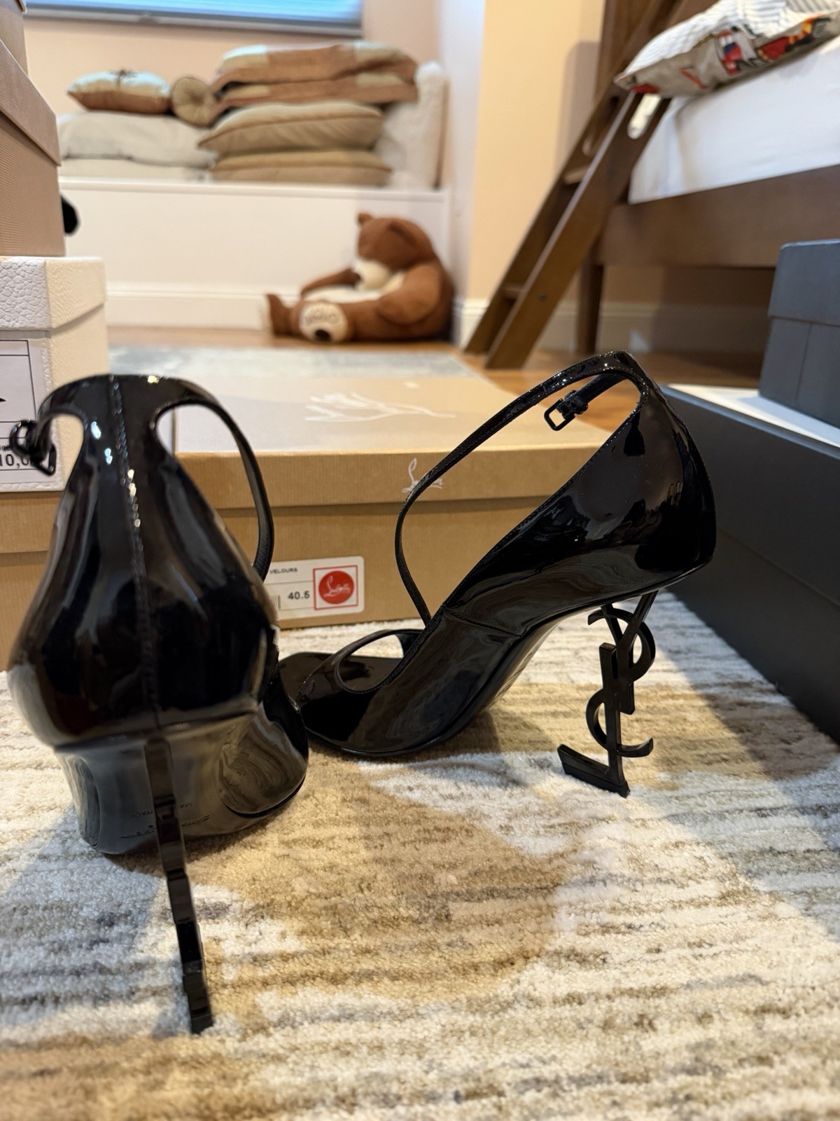 Saint Laurent Black Patent Leather Square Toe Ankle Strap Heels, Size 40