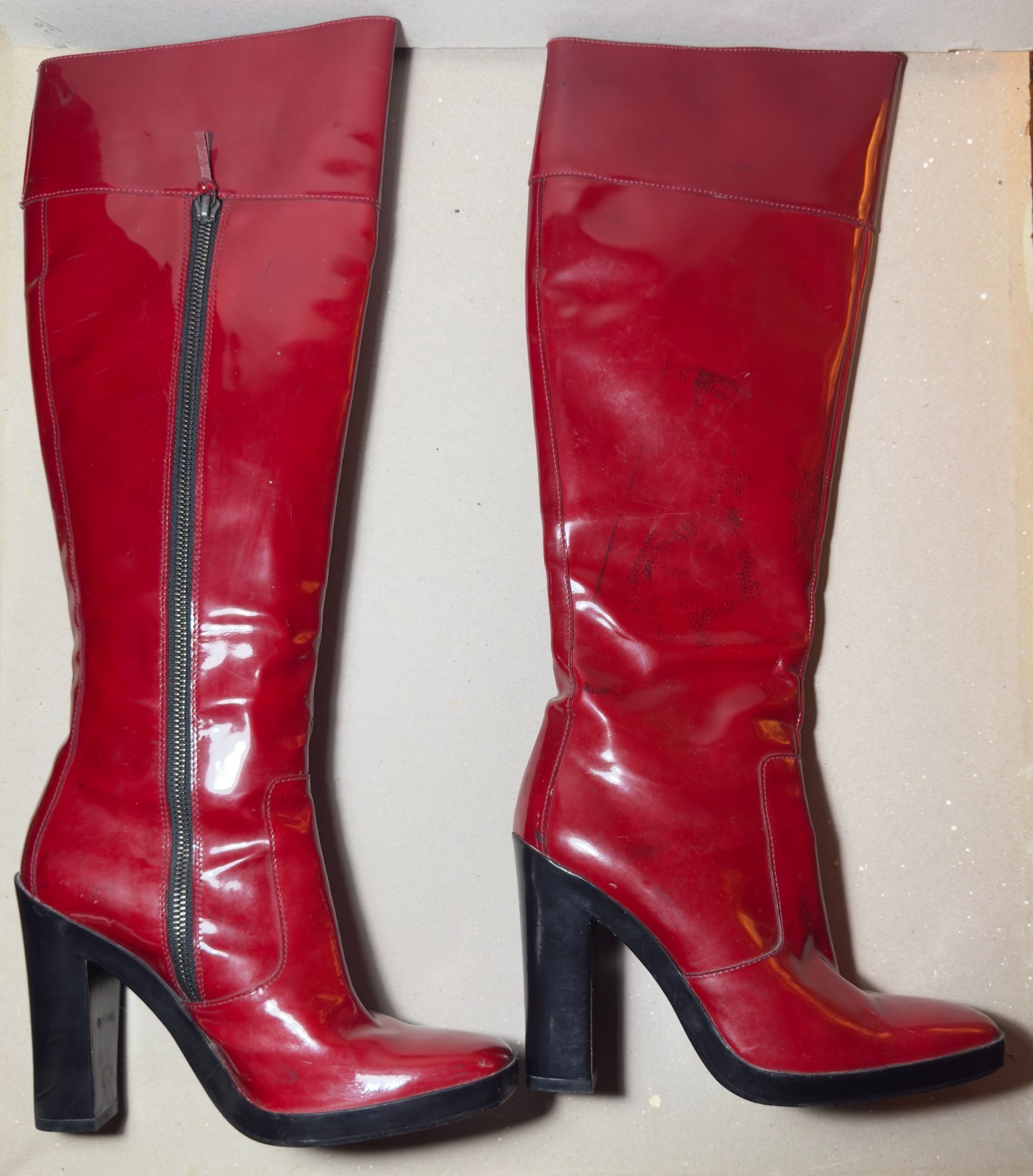 Vintage Balenciaga Red Patent Leather Knee High Boots Block Heel Woman