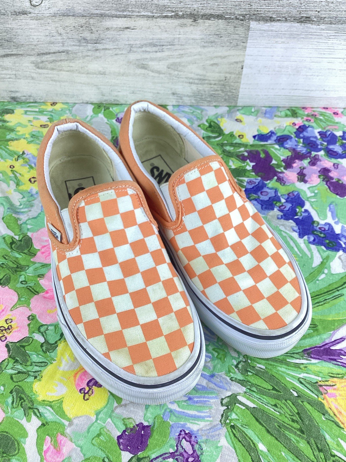 Vans M4 W5.5 Unisex Checkered Orange White Skateboard Slip-On Shoes Tenn VOLS