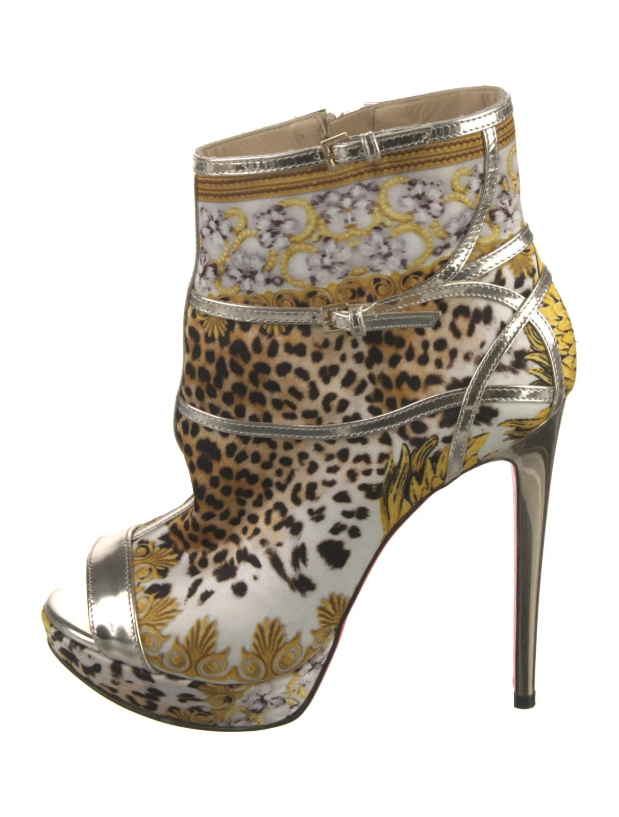 Just Cavalli Leopard & Baroque Print Silver-Tone Ankle Boot SZ 9 IT 39 Excellent