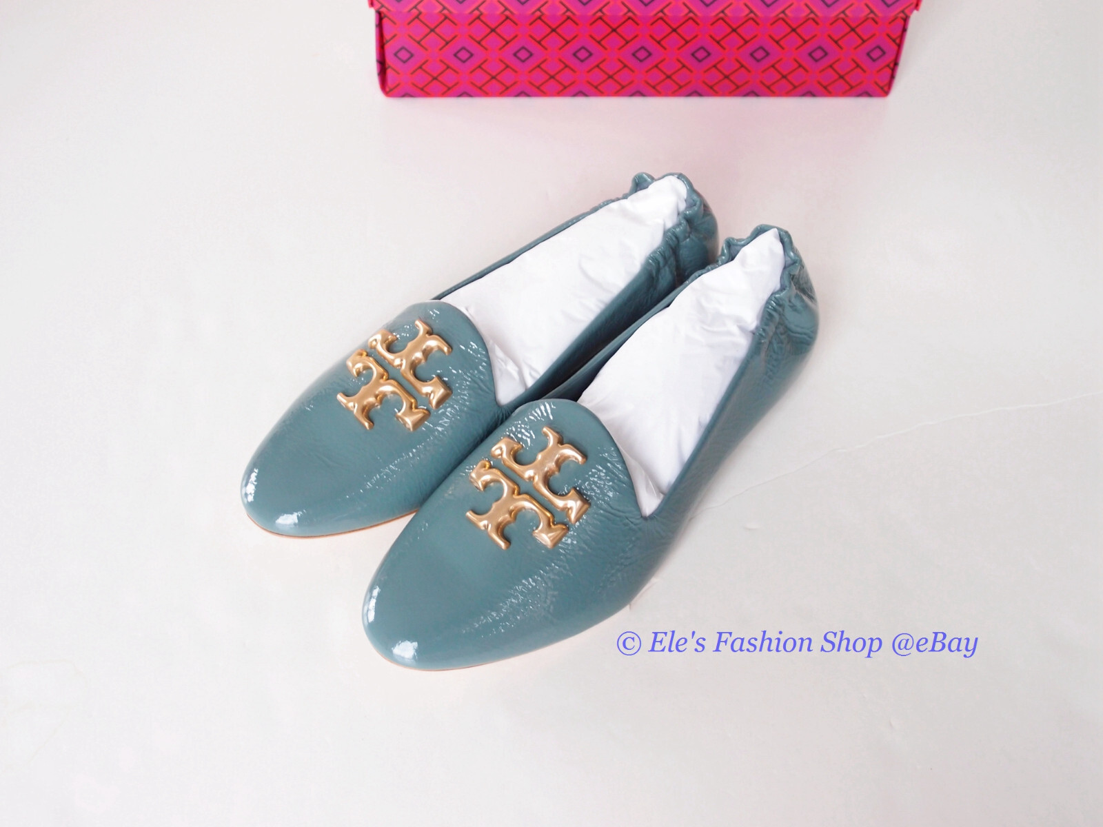 NIB Tory Burch Eleanor Leather Loafer Arctic BLUE US 7.5 8 8.5 9 9.5 AUTHENTIC