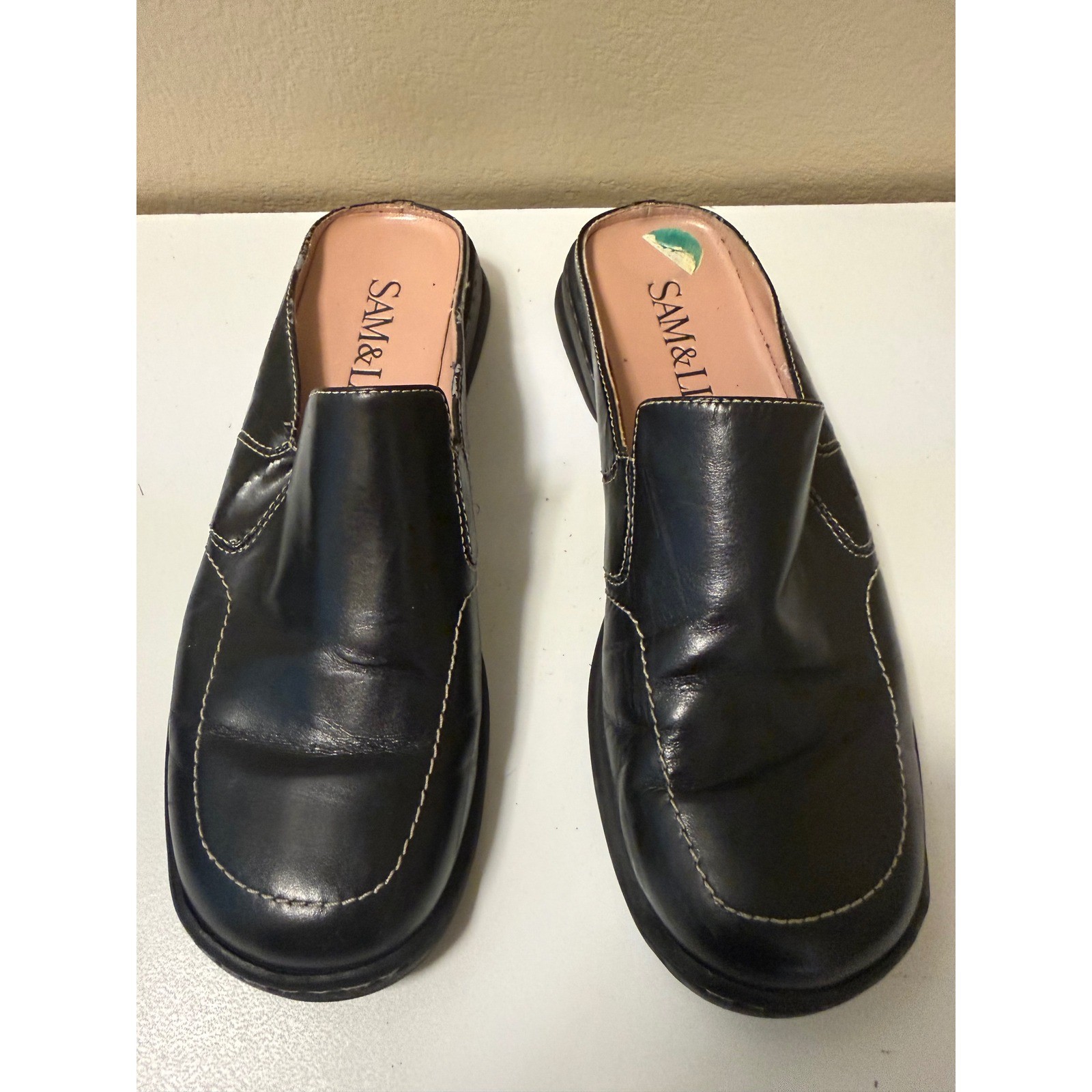 Sam & Libby Laurel Black Leather Mules White Stitching Slip On Loafers Womens 8M