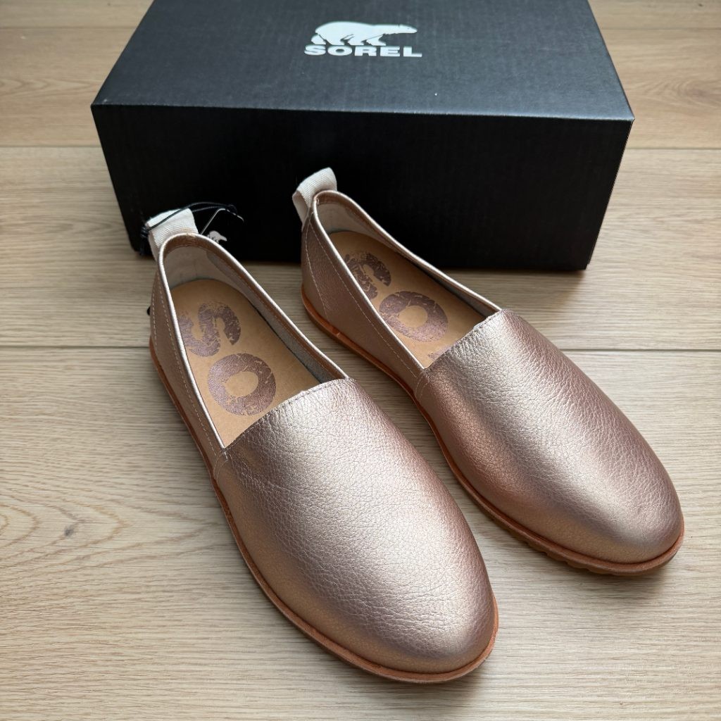 SOREL Ella Slip On Womens 9.5 Warm Gold Rose Metallic Leather Loafer Flats NEW