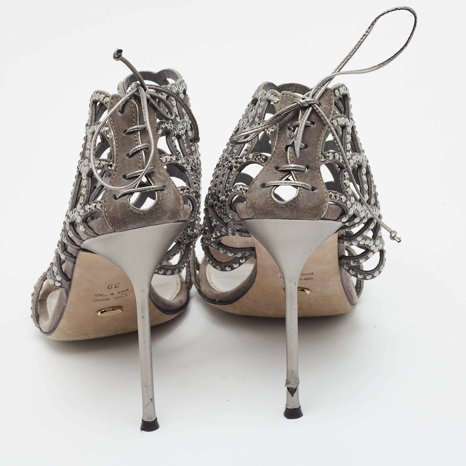 Sergio Rossi Size 39 Grey Suede Crystal Embellished Ankle Strap Sandals