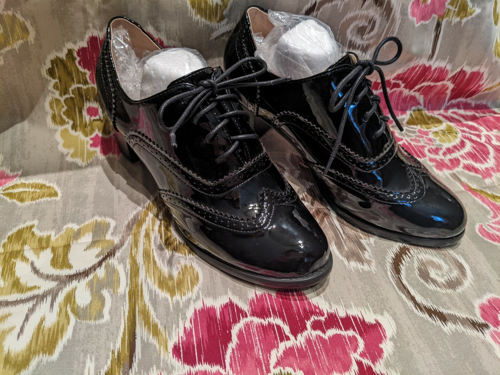 ODEMA Womens Brogue Lace Up Oxford Wing Tip Chunky Heels Patent Leather Shoes