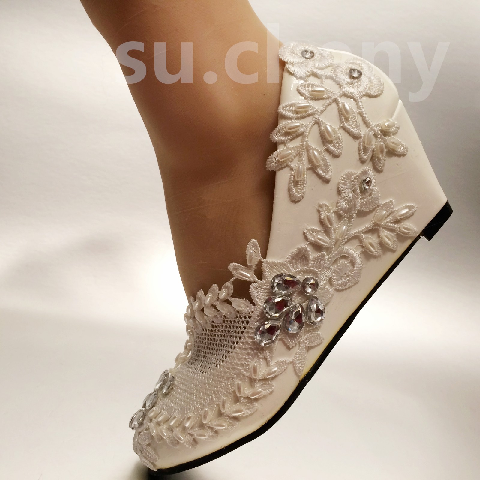 su.cheny White ivory wedge pearls lace crystal rhinestone Wedding Bridal shoes
