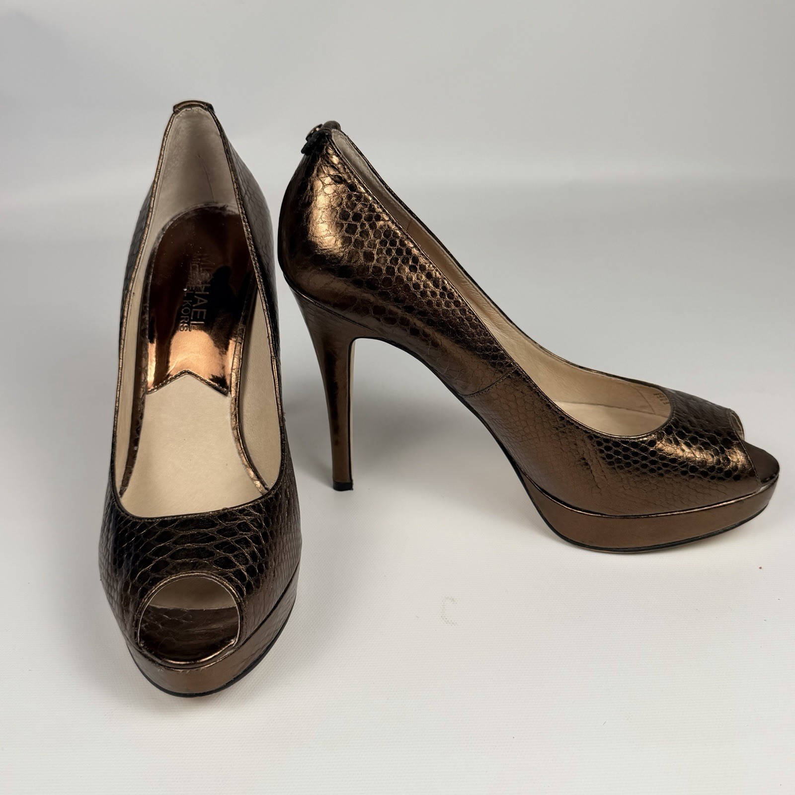 Michael Kors York Metallic Bronze Snakeskin Peep-Toe Platform Pumps Heels Sz 8