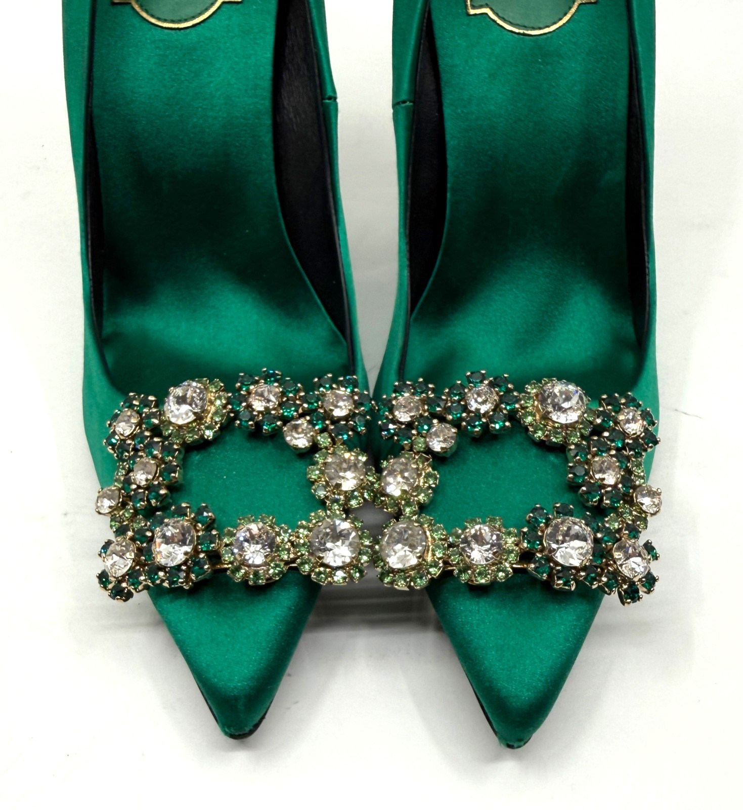 ROGER VIVIER Emerald Satin Flower Strass Decolleté Crystal Buckle Pump size 37.5