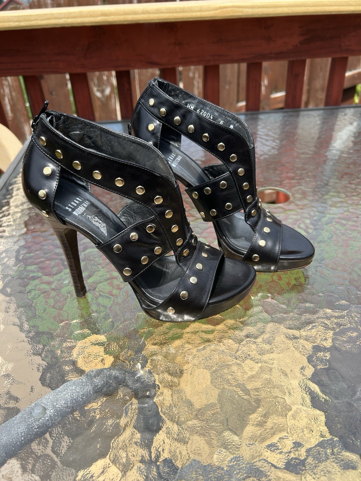Stuart Weitzman Women’s Black Leather Strappy Studded Open Toe Zip Heels 6