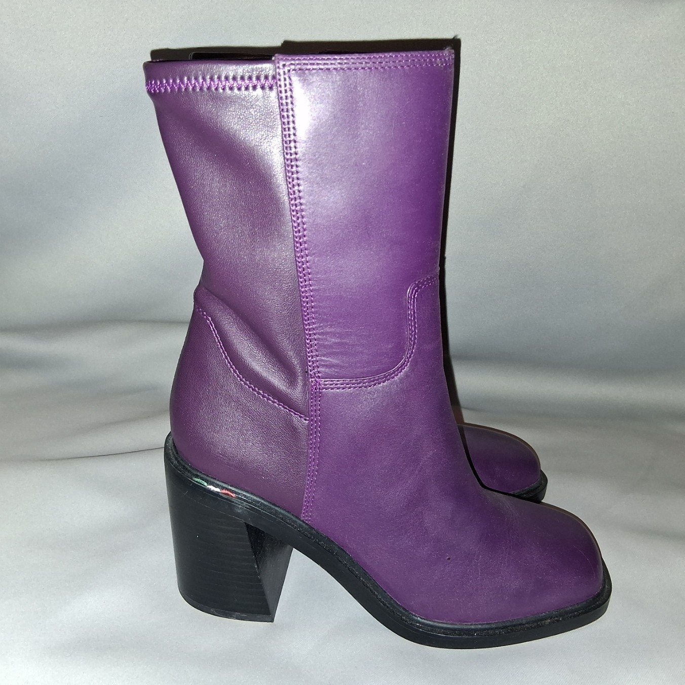 Franco Sarto Womens Penelope Mid Calf Chunky Heel 7, Plum Purple Leather