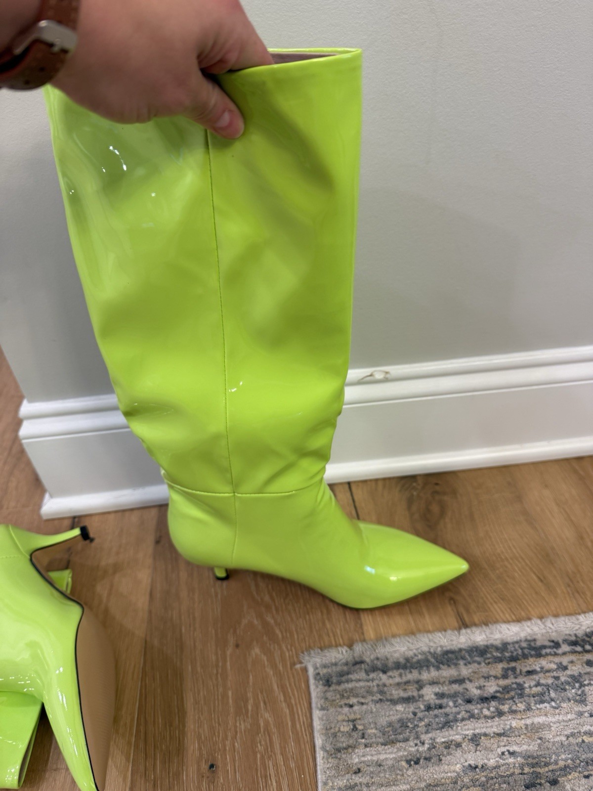 Knee High Boots for Women Stiletto Heel Pointed Toe Patent Pull on 2.6 Inch