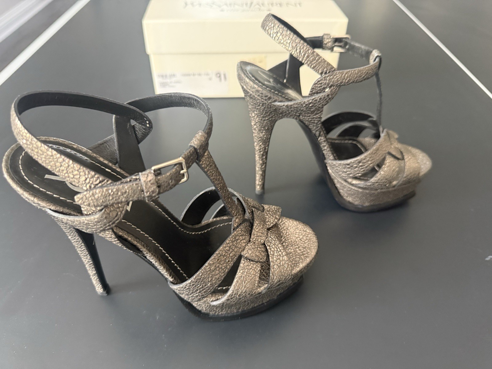Saint Laurent YSL Metallic Tribute Platform Heels Sandals Gunmetal EU 36 US 6