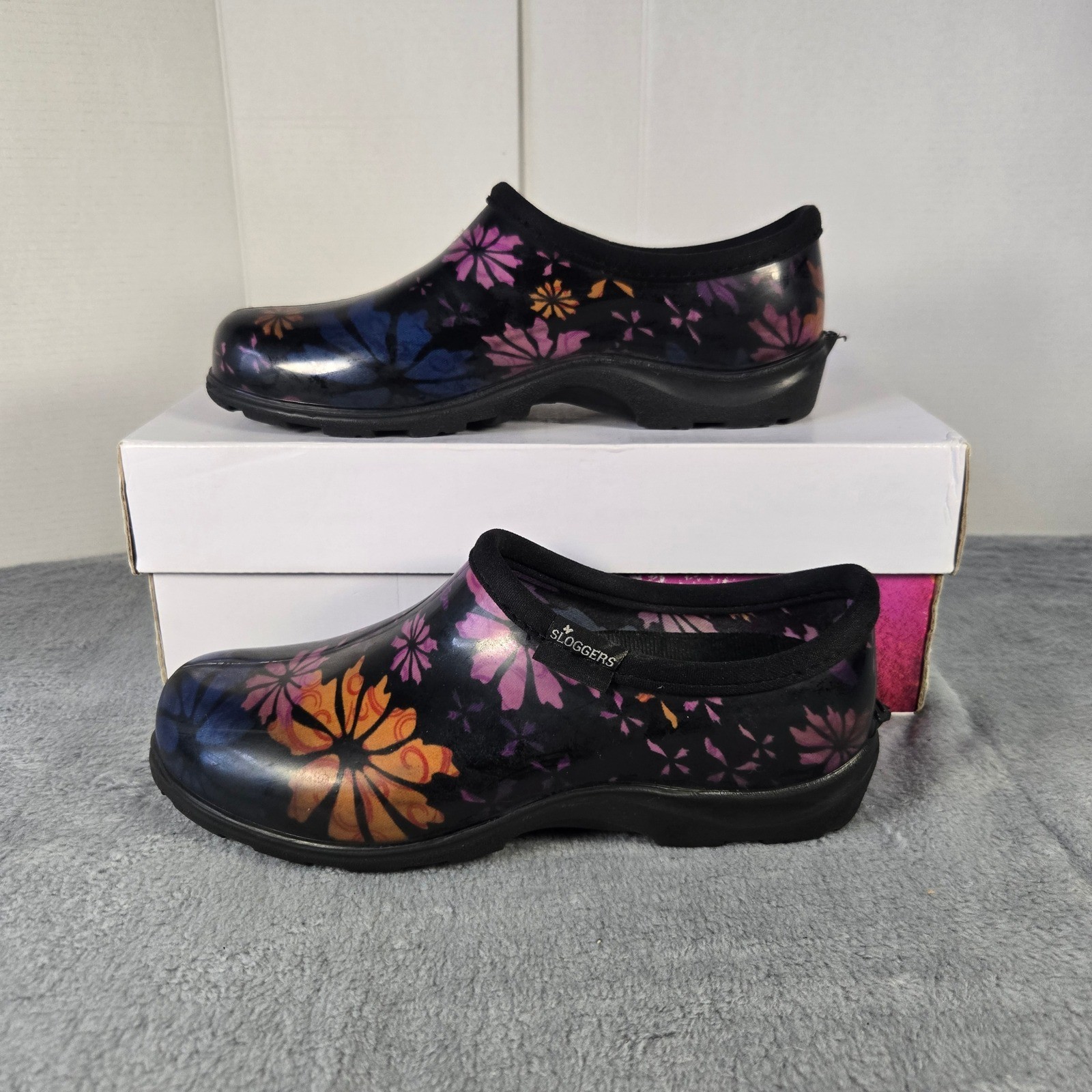 Sloggers Womens Floral Waterproof Garden Shoes Black Purple Rain Shoes Size 7