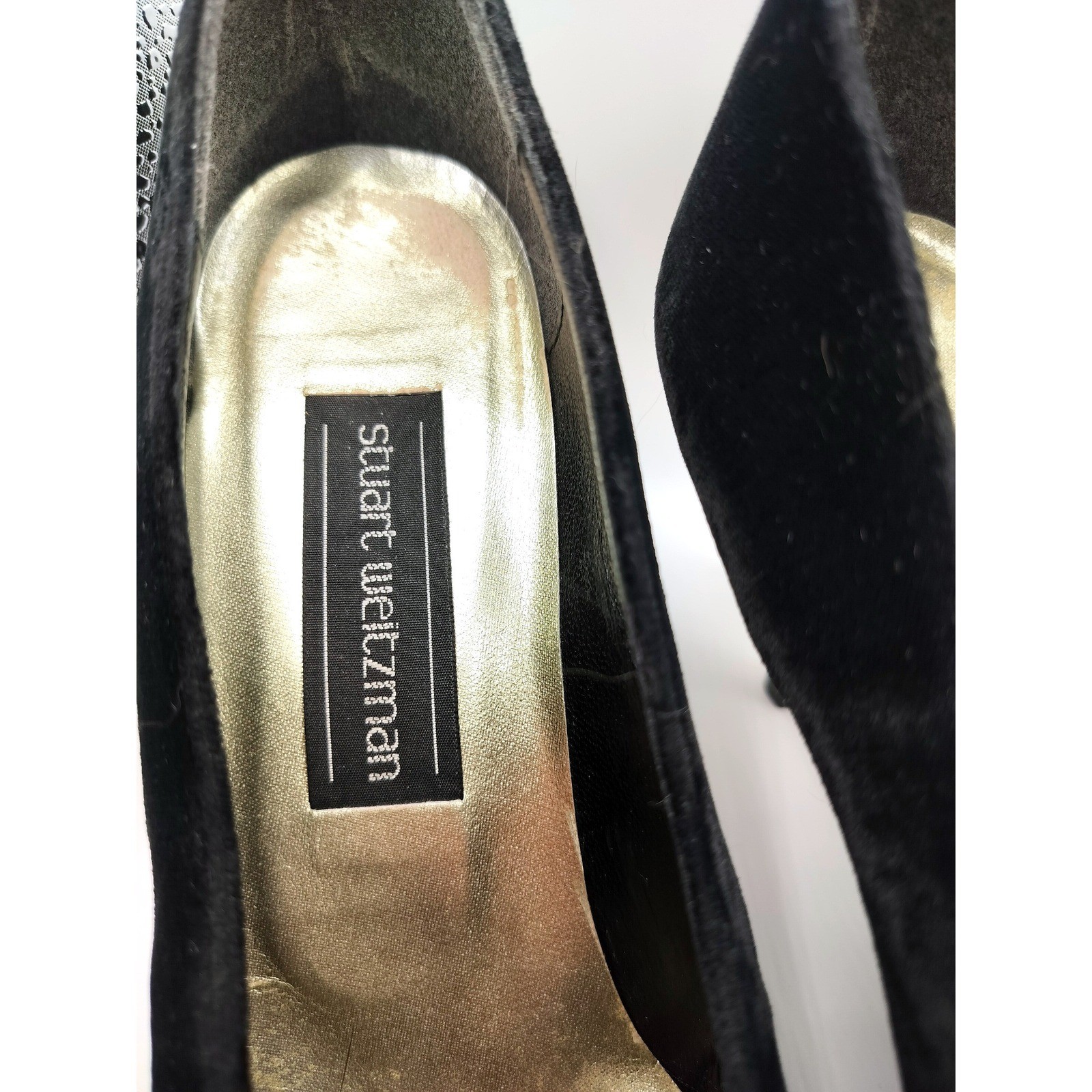 Stuart Weitzman Velvet Gold Lace Pointed Toe Heels Womens 8 AA Black Metallic