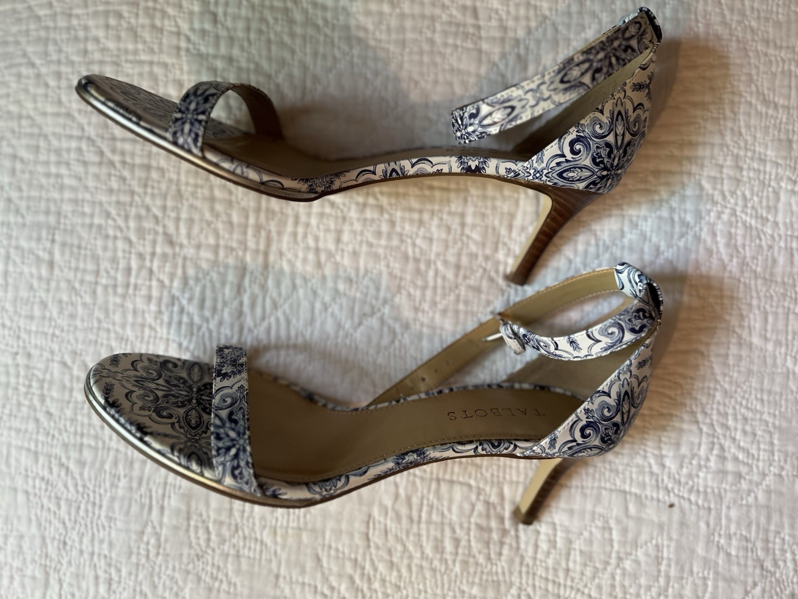 Talbots Women’s Blue/White Strappy Open Toe Ankle Strap Buckle Stiletto 9.5M