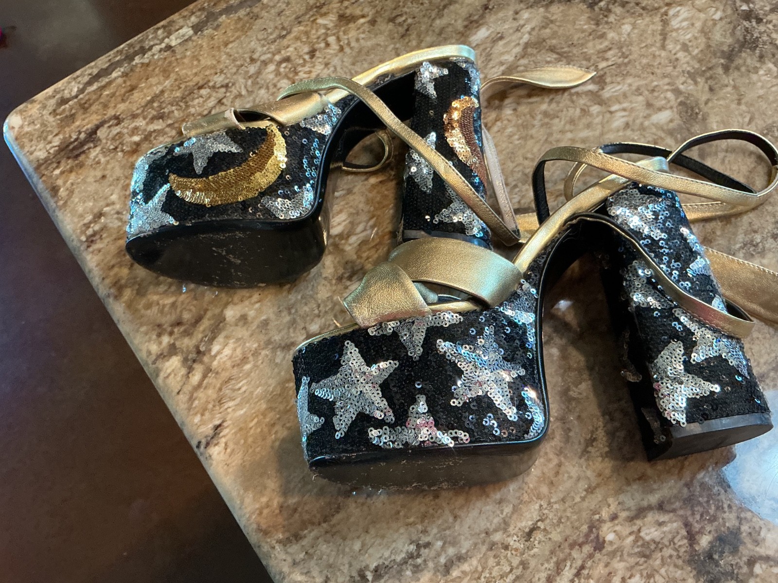 Saint Laurent gold & Silver Moon and Star Platform Sandals Shoes Size 39 READ