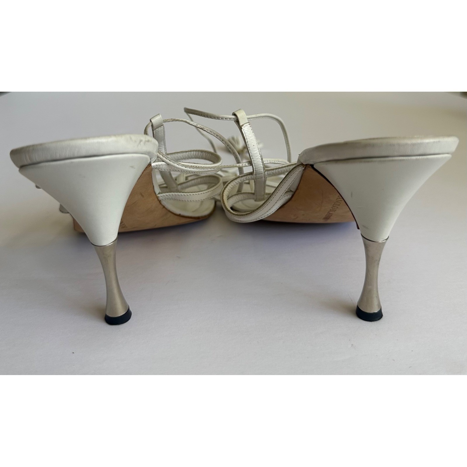 Manolo Blahnik White Leather Tassel Ankle Tie Wrap Stiletto Sandals Size 38.5