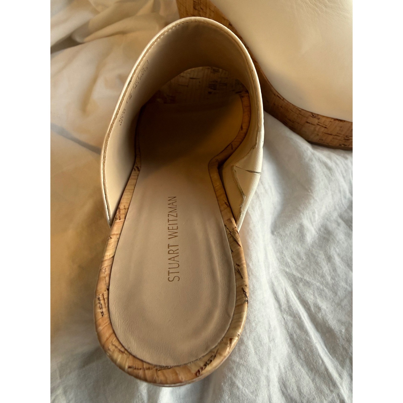 Stuart Weitzman Cream Leather Cork Platform Wedge Mules SH378 Size 9B