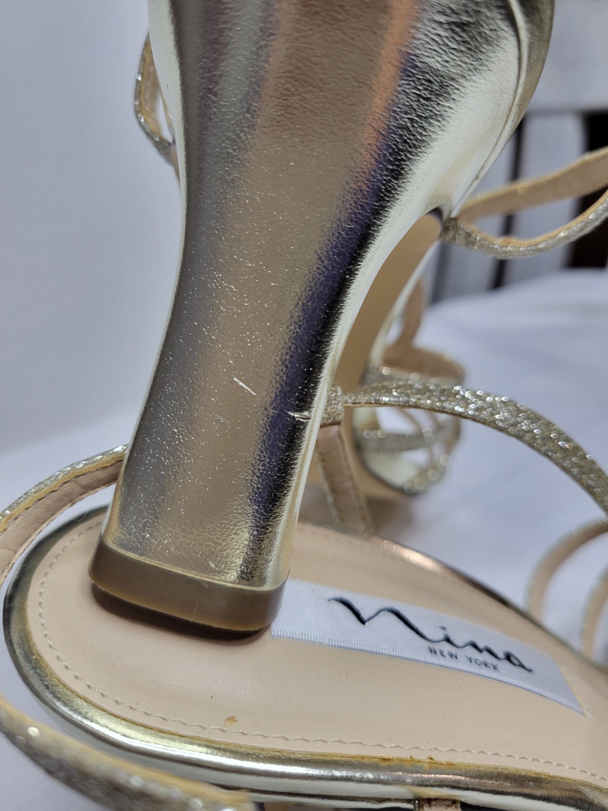Nina leather sole Gold rhinestone Strappy cocktail party heels pumps size 9
