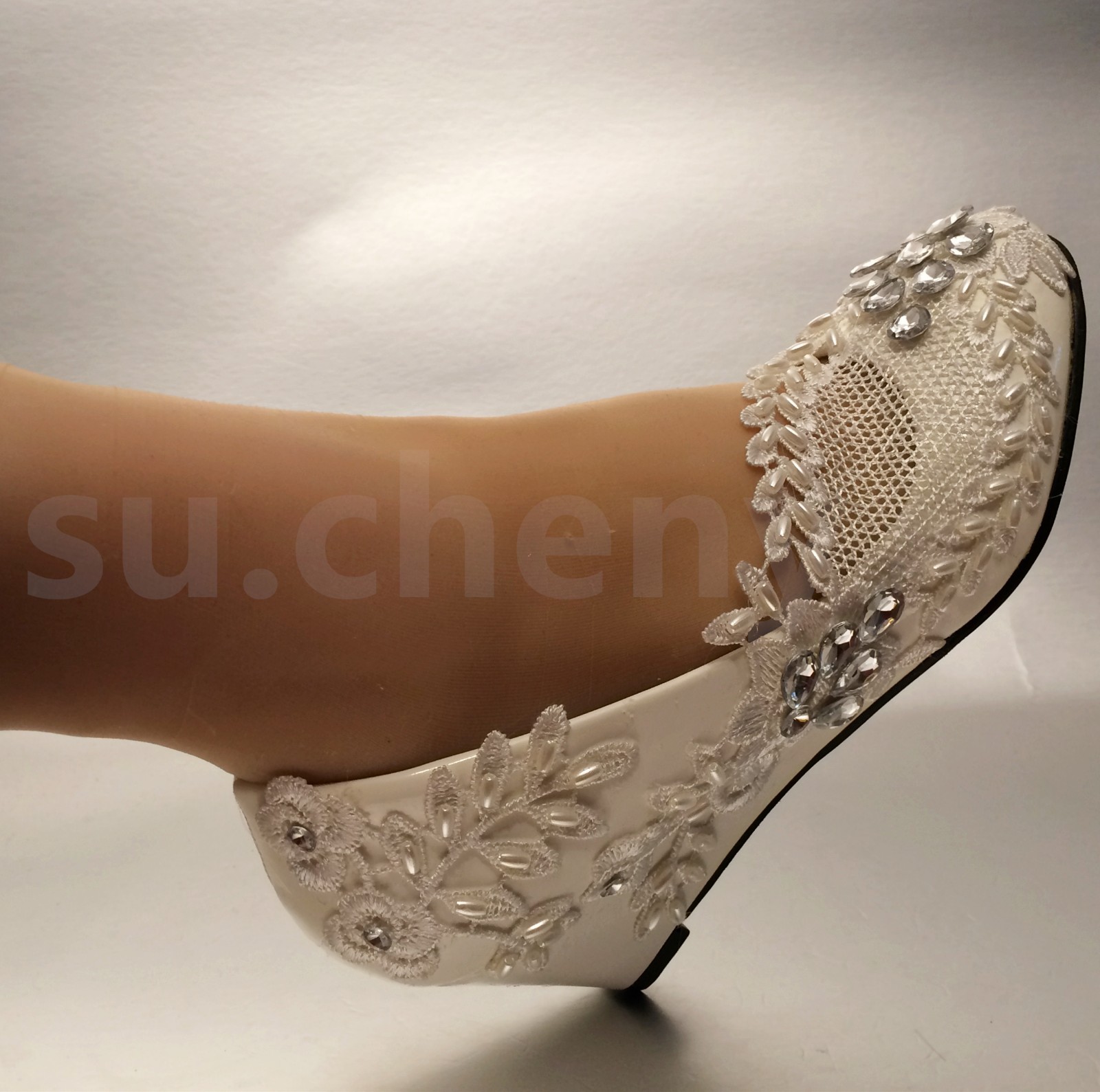 su.cheny White ivory wedge pearls lace crystal rhinestone Wedding Bridal shoes