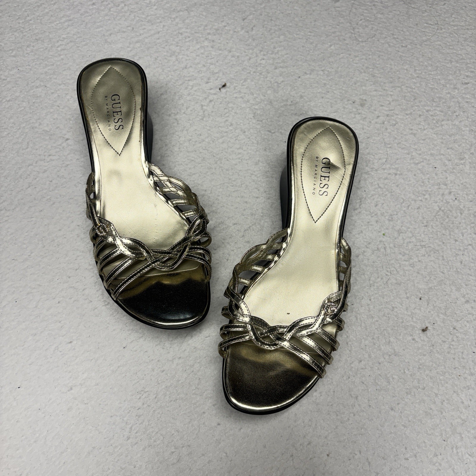 GUESS Women’s Strappy Wedge Slide Sandals Braided Accents Gold/Black US 9