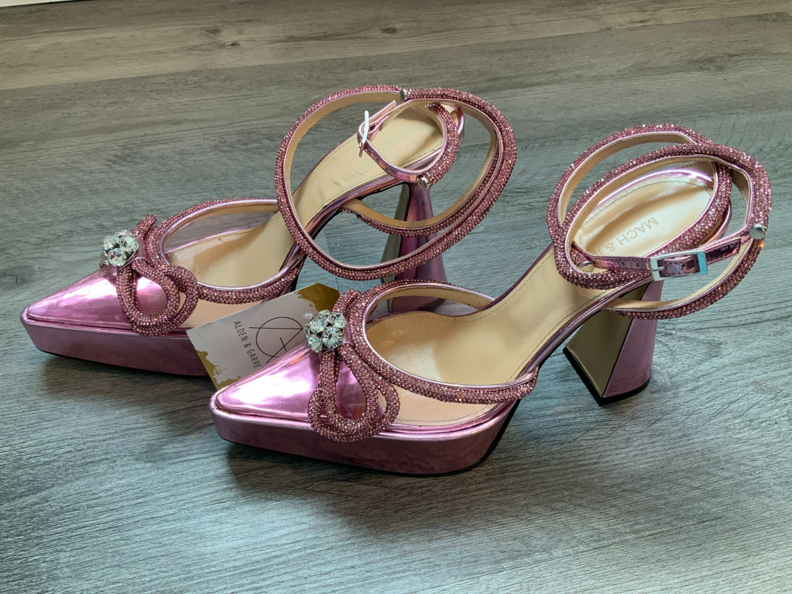Mach & Mach Pink Double Crystal Bow Platform Pumps, Size 40 | 10