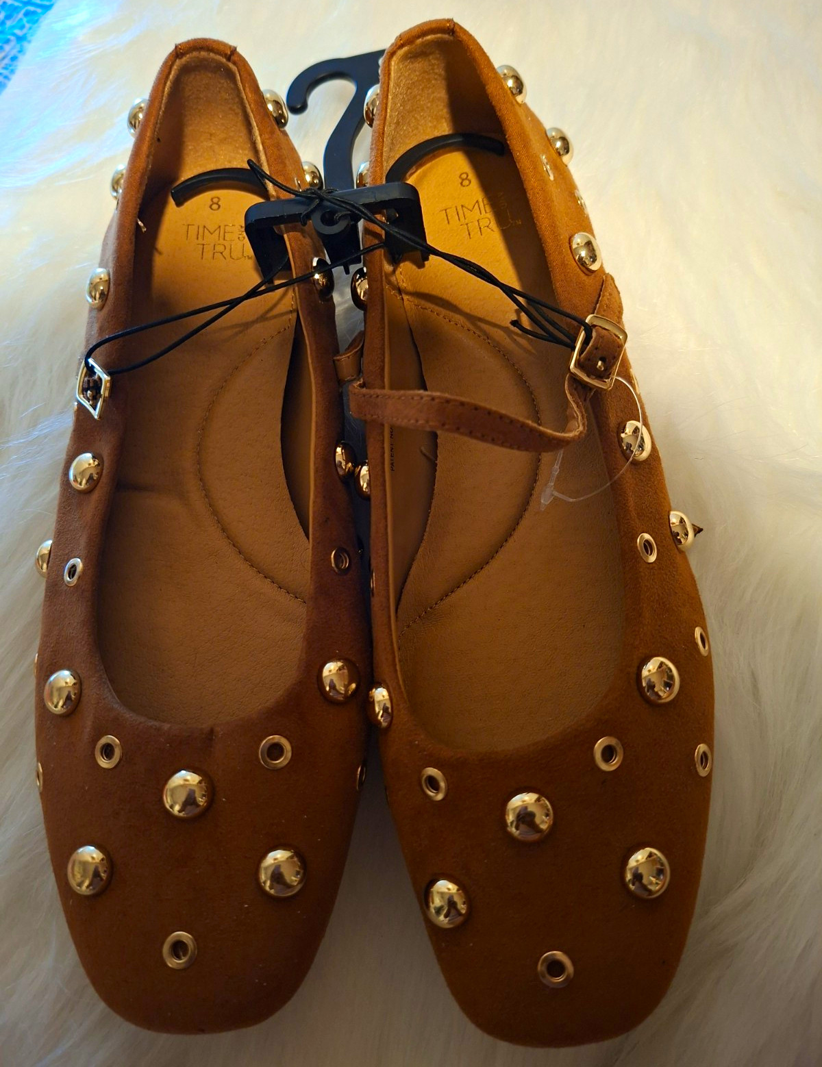 Time and Tru Women’s Mary Jane Flats Brown Studded Buckle Round Toe Cotton 8