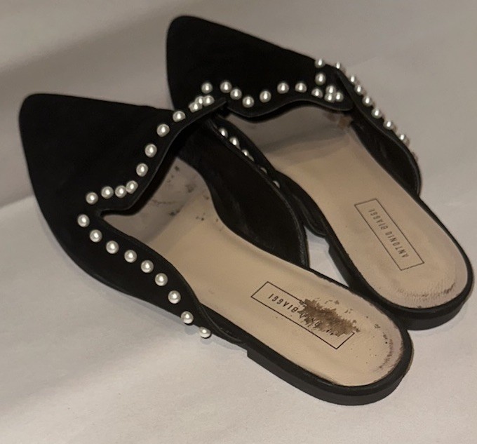 Antonio Biaggi black suede mules pointed toe accented with pearl studs Size 40