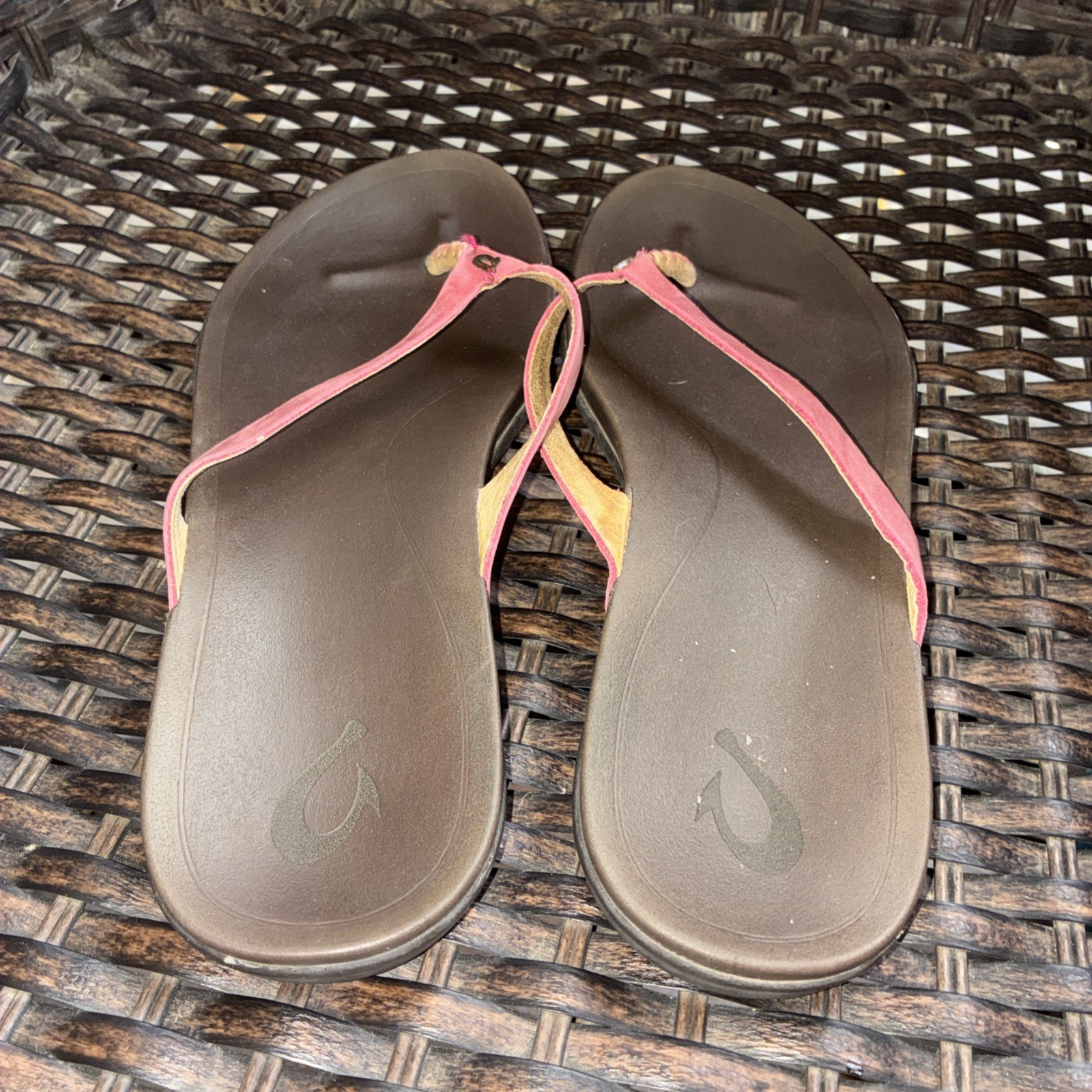 Olukai Ho Opio Women’s Pink Gray Leather Synthetic Flip Flop Sandal Size 8