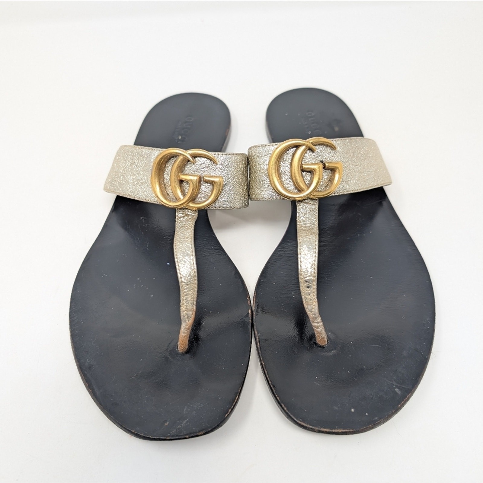 Gucci Marmont gold Thong Sandals Size 39.5 GG Logo Monogram flats