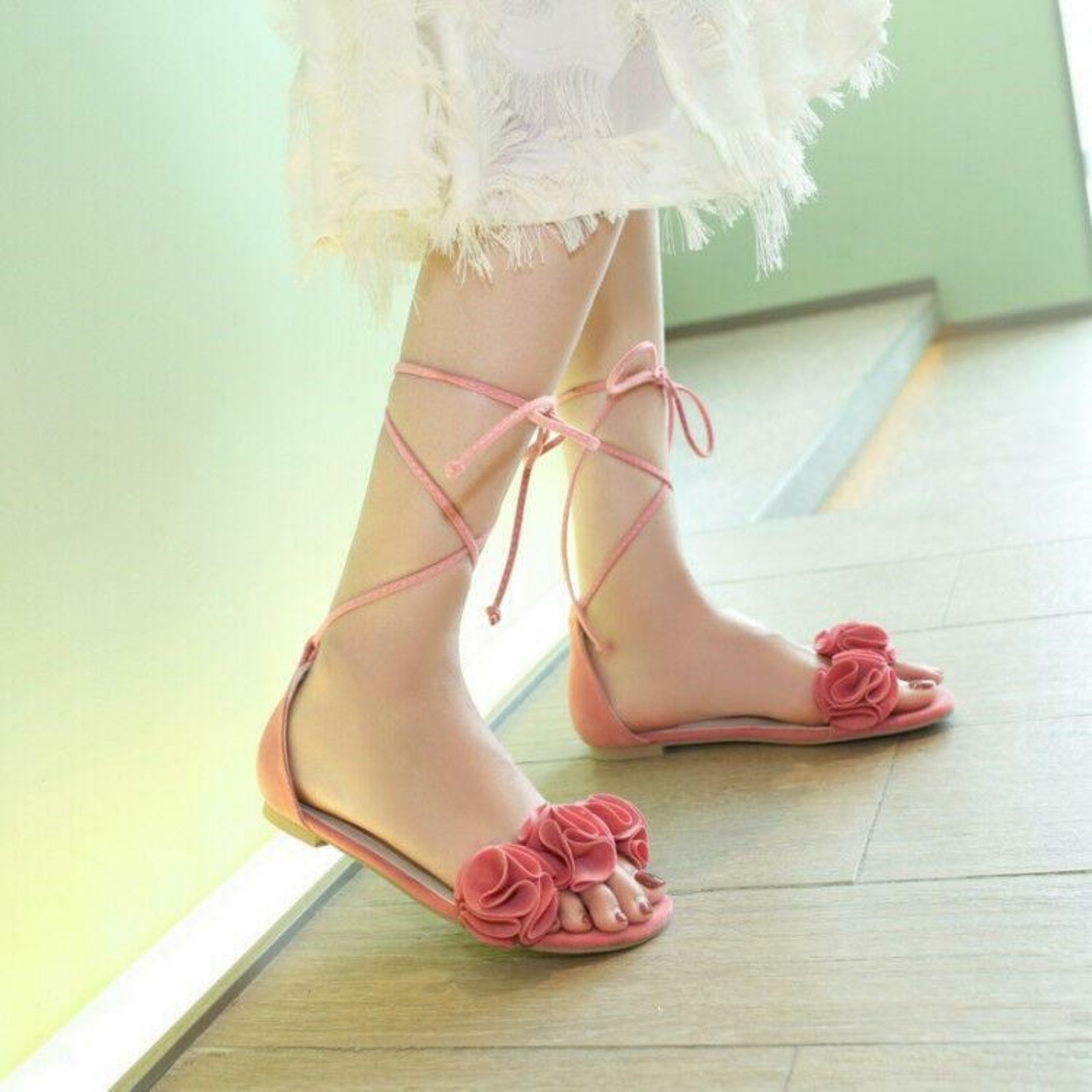 Women‘s Bohemia Flower Strappy Lace Up Sandals Flat Casual Shoes Plus Size
