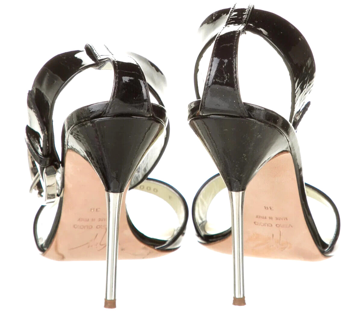 Designer Giuseppe Zanotti Black Patent Leather Ankle Strap Metal Heel Sandals 8