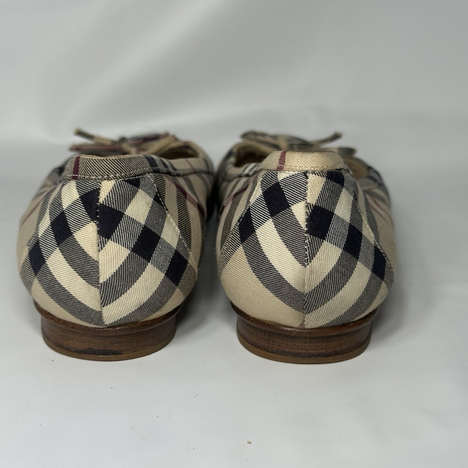 Burberry Nova Check Canvas Ballet Flats Bow Tie Beige Plaid Slip On Shows SzEU38