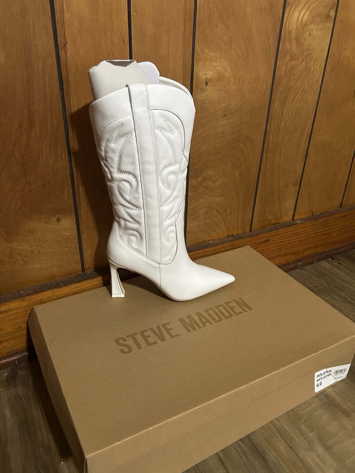 Steve Madden “Holster” White Leather Cowboy Boots – Women’s Size 6