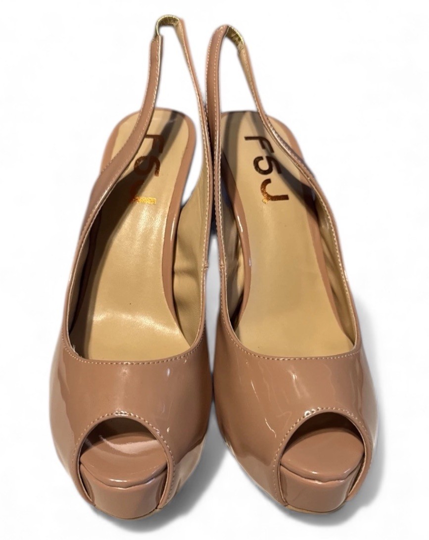 FSJ Nude Patent Slingback Peep Toe High Heels Women’s Size 7 Dress Shoes