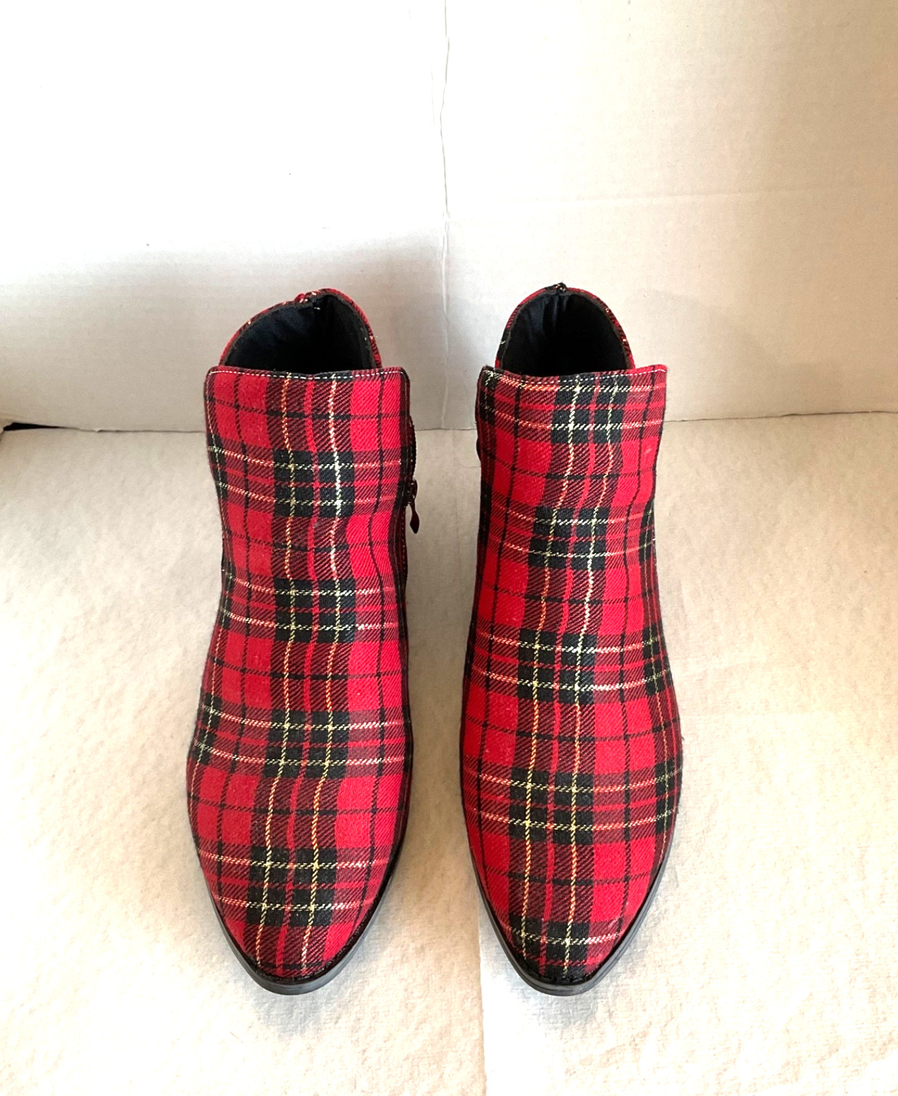 Women Red and Black Plaid Ankle Boots With Side Zipper and Thick Heel 41/ US L