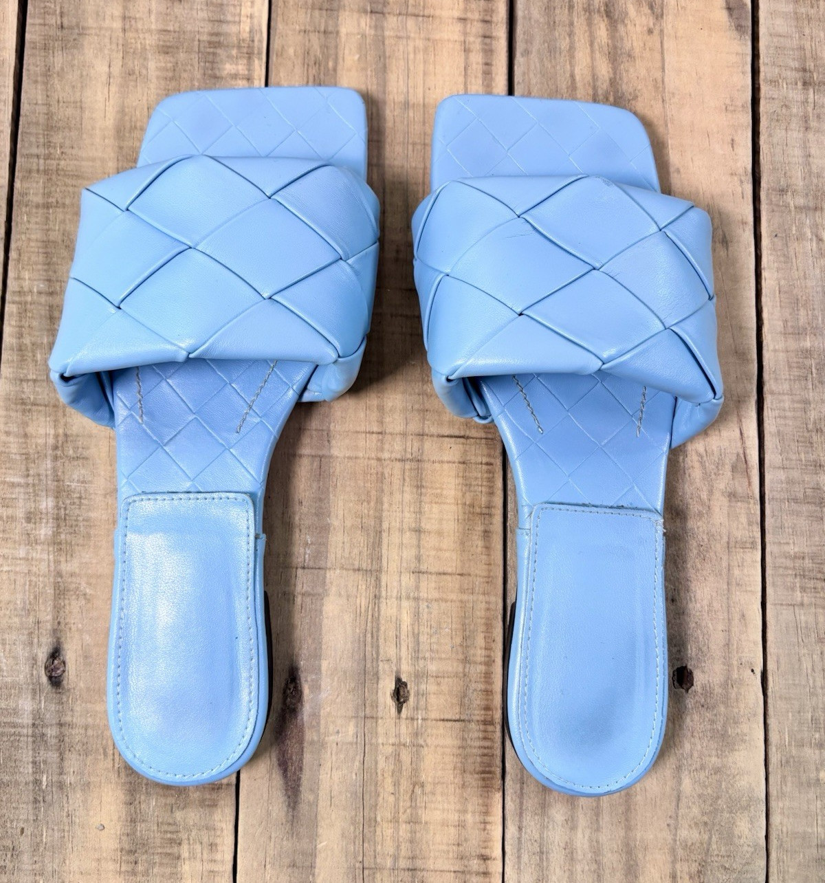 Blue Woven Leather Flat Slide Sandals Square Toe Women’s Size 7.5