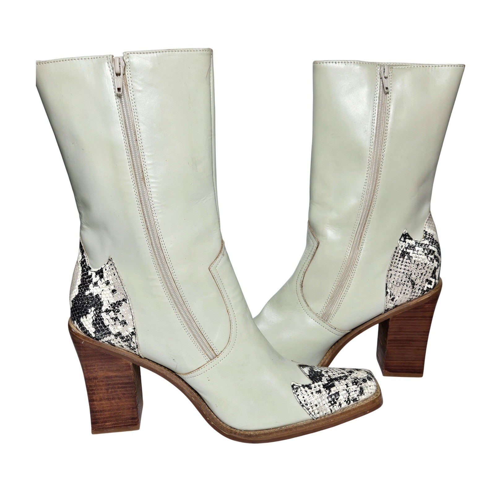 Women’s Durango Off-White Leather Snakeskin Square Toe Block Heel Boots Western