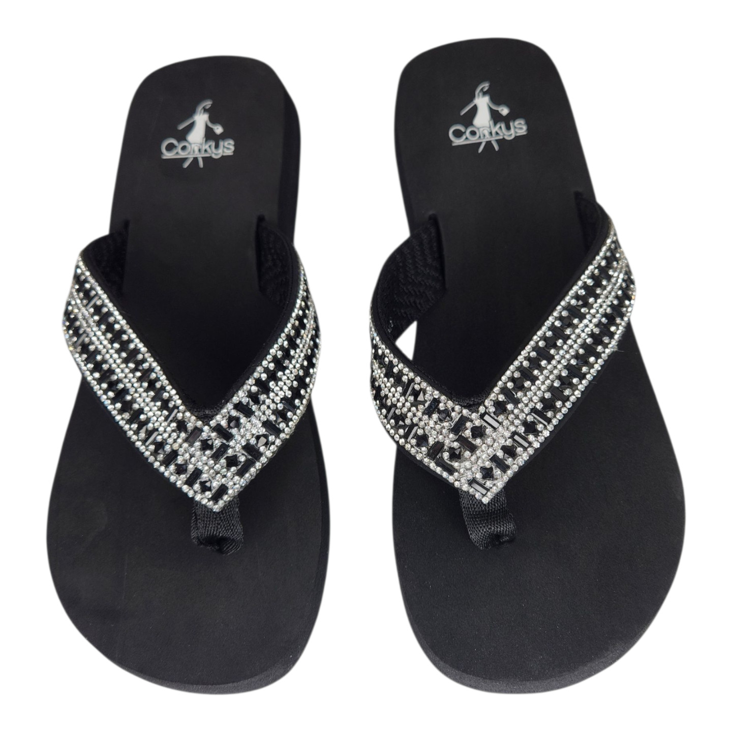 Women’s Corkys Footwear Bling Flip Flop Sandals HIBISCUS Black & Clear Crystals