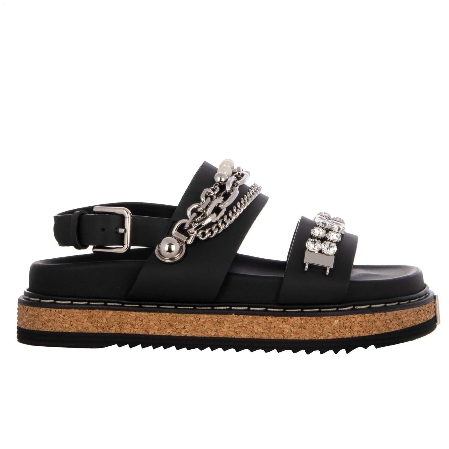 DOLCE & GABBANA DG Logo Pearl Crystal Chain Plateau Sandals KEIRA Black Silver